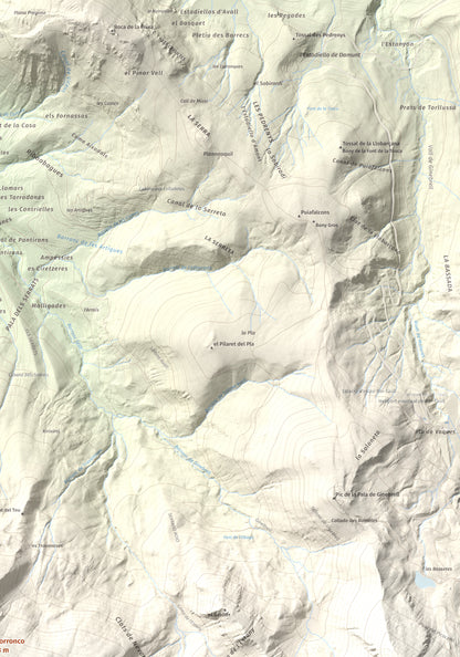 Mapa de relieve de Lo Corronco, 2543 m, Alta Ribagorça, lámina 100 Cims de Trobart. Detalle de la zona superior derecha. 70 × 100 cm.