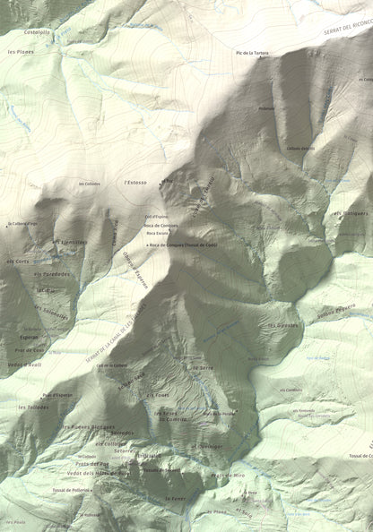Mapa de relieve de Lo Corronco, 2543 m, Alta Ribagorça, lámina 100 Cims de Trobart. Detalle de la zona inferior izquierda. 70 × 100 cm.