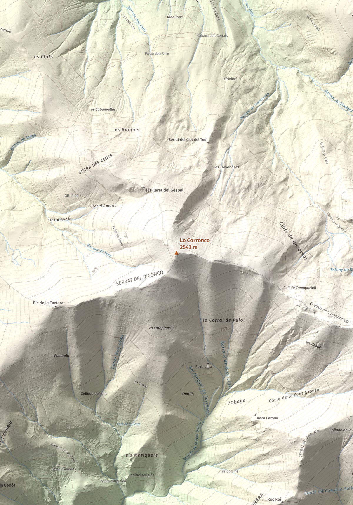 Mapa de relieve de Lo Corronco, 2543 m, Alta Ribagorça, lámina 100 Cims de Trobart. Detalle de la zona central. 70 × 100 cm.