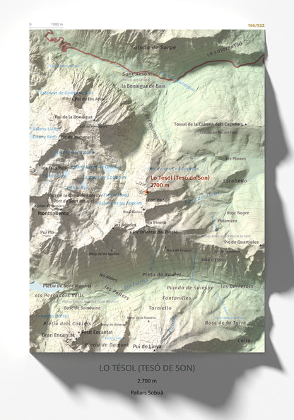 Mapa de relieve de Lo Tésol (Tesó de Son), 2700 m, Pallars Sobirà, lámina 100 Cims de Trobart 21 × 30 cm.