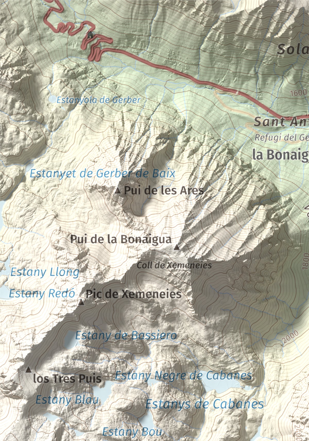 Mapa de relieve de Lo Tésol (Tesó de Son), 2700 m, Pallars Sobirà, lámina 100 Cims de Trobart. Detalle de la zona superior izquierda. 21 × 30 cm.