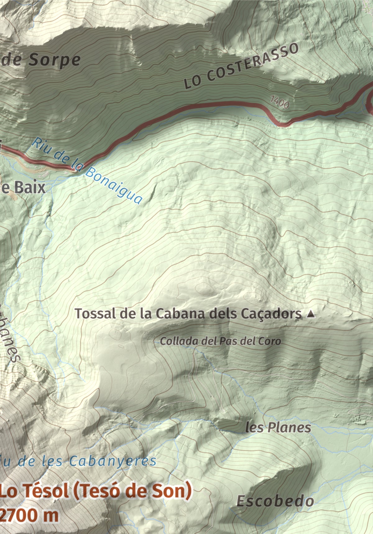 Mapa de relieve de Lo Tésol (Tesó de Son), 2700 m, Pallars Sobirà, lámina 100 Cims de Trobart. Detalle de la zona superior derecha. 21 × 30 cm.
