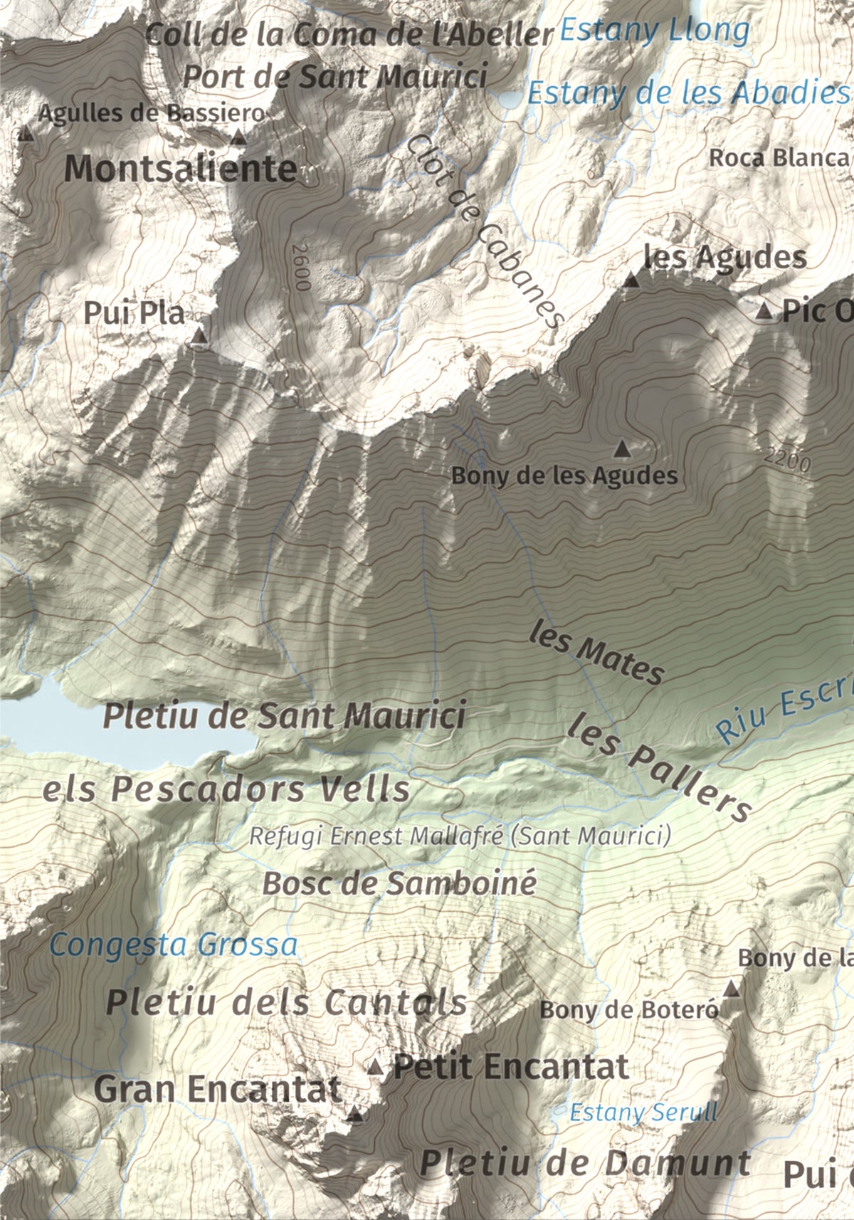 Mapa de relieve de Lo Tésol (Tesó de Son), 2700 m, Pallars Sobirà, lámina 100 Cims de Trobart. Detalle de la zona inferior izquierda. 21 × 30 cm.