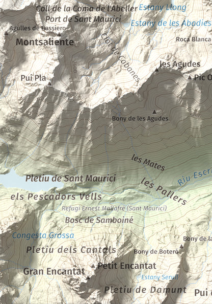 Mapa de relieve de Lo Tésol (Tesó de Son), 2700 m, Pallars Sobirà, lámina 100 Cims de Trobart. Detalle de la zona inferior izquierda. 21 × 30 cm.