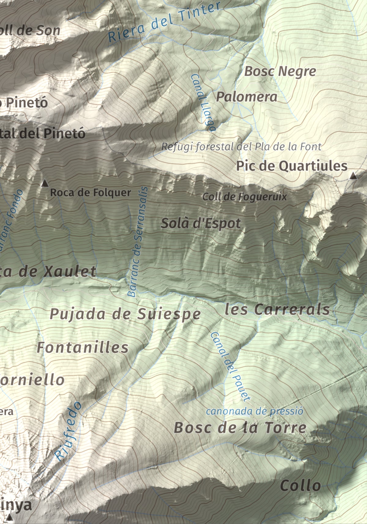 Mapa de relieve de Lo Tésol (Tesó de Son), 2700 m, Pallars Sobirà, lámina 100 Cims de Trobart. Detalle de la zona inferior derecha. 21 × 30 cm.