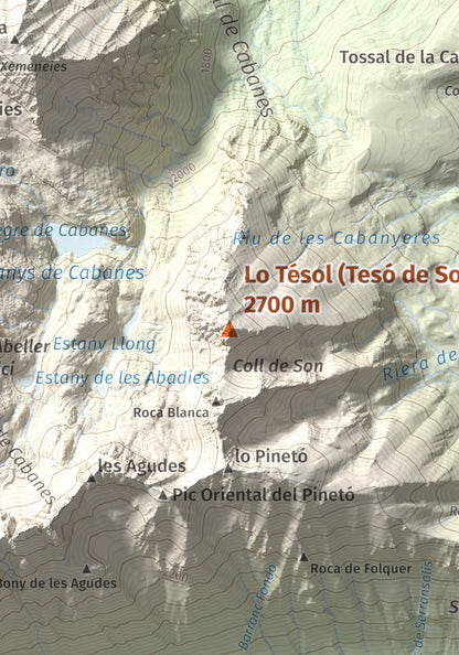 Mapa de relieve de Lo Tésol (Tesó de Son), 2700 m, Pallars Sobirà, lámina 100 Cims de Trobart. Detalle de la zona central. 21 × 30 cm.