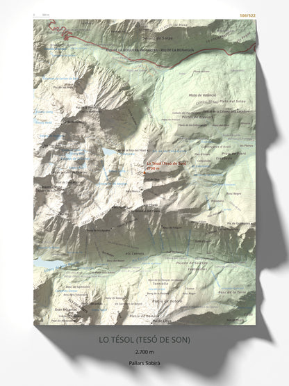 Mapa de relieve de Lo Tésol (Tesó de Son), 2700 m, Pallars Sobirà, lámina 100 Cims de Trobart 30 × 40 cm.
