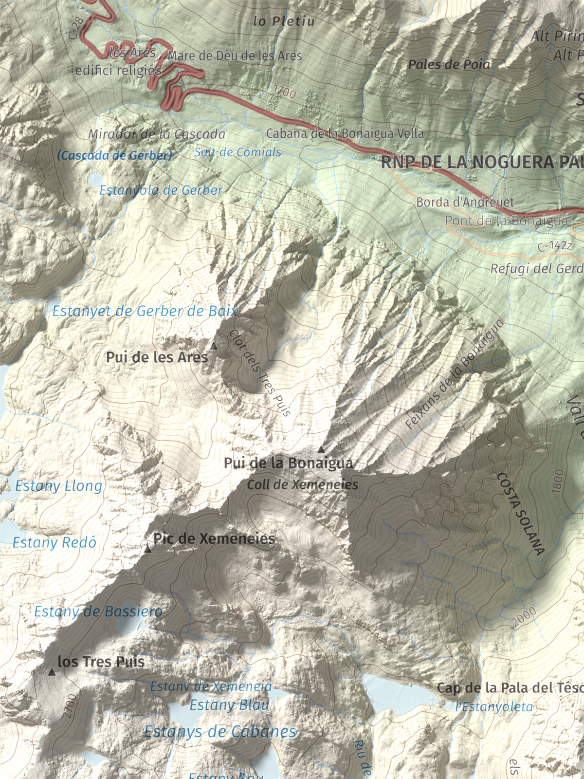 Mapa de relieve de Lo Tésol (Tesó de Son), 2700 m, Pallars Sobirà, lámina 100 Cims de Trobart. Detalle de la zona superior izquierda. 30 × 40 cm.