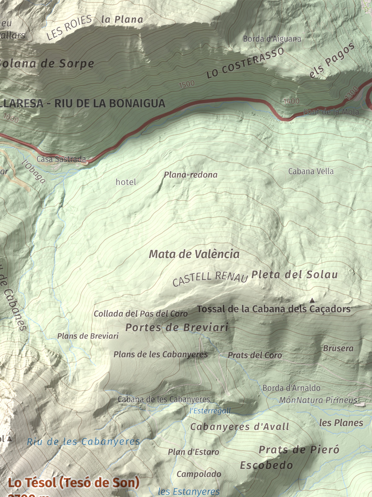 Mapa de relieve de Lo Tésol (Tesó de Son), 2700 m, Pallars Sobirà, lámina 100 Cims de Trobart. Detalle de la zona superior derecha. 30 × 40 cm.