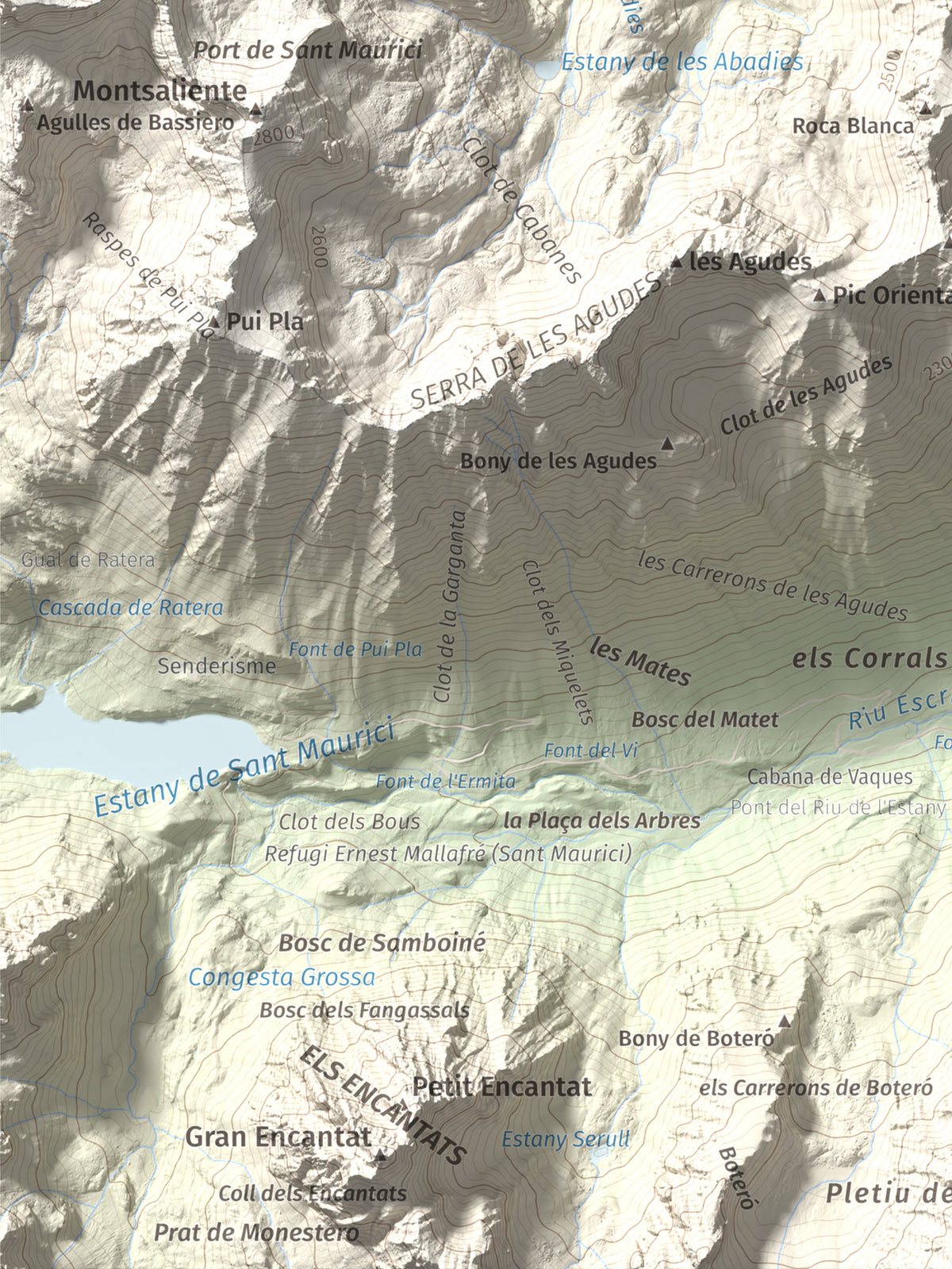 Mapa de relieve de Lo Tésol (Tesó de Son), 2700 m, Pallars Sobirà, lámina 100 Cims de Trobart. Detalle de la zona inferior izquierda. 30 × 40 cm.