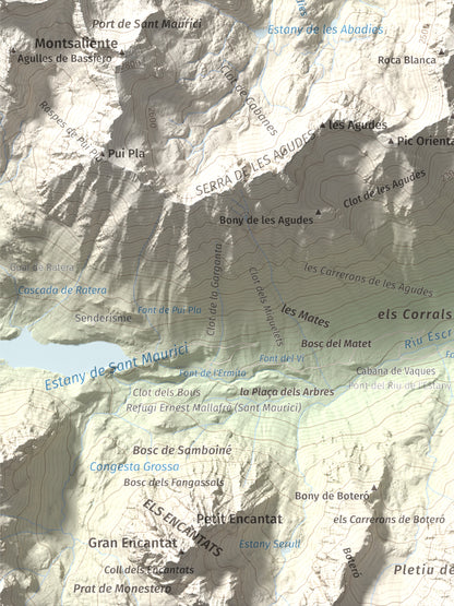 Mapa de relieve de Lo Tésol (Tesó de Son), 2700 m, Pallars Sobirà, lámina 100 Cims de Trobart. Detalle de la zona inferior izquierda. 30 × 40 cm.