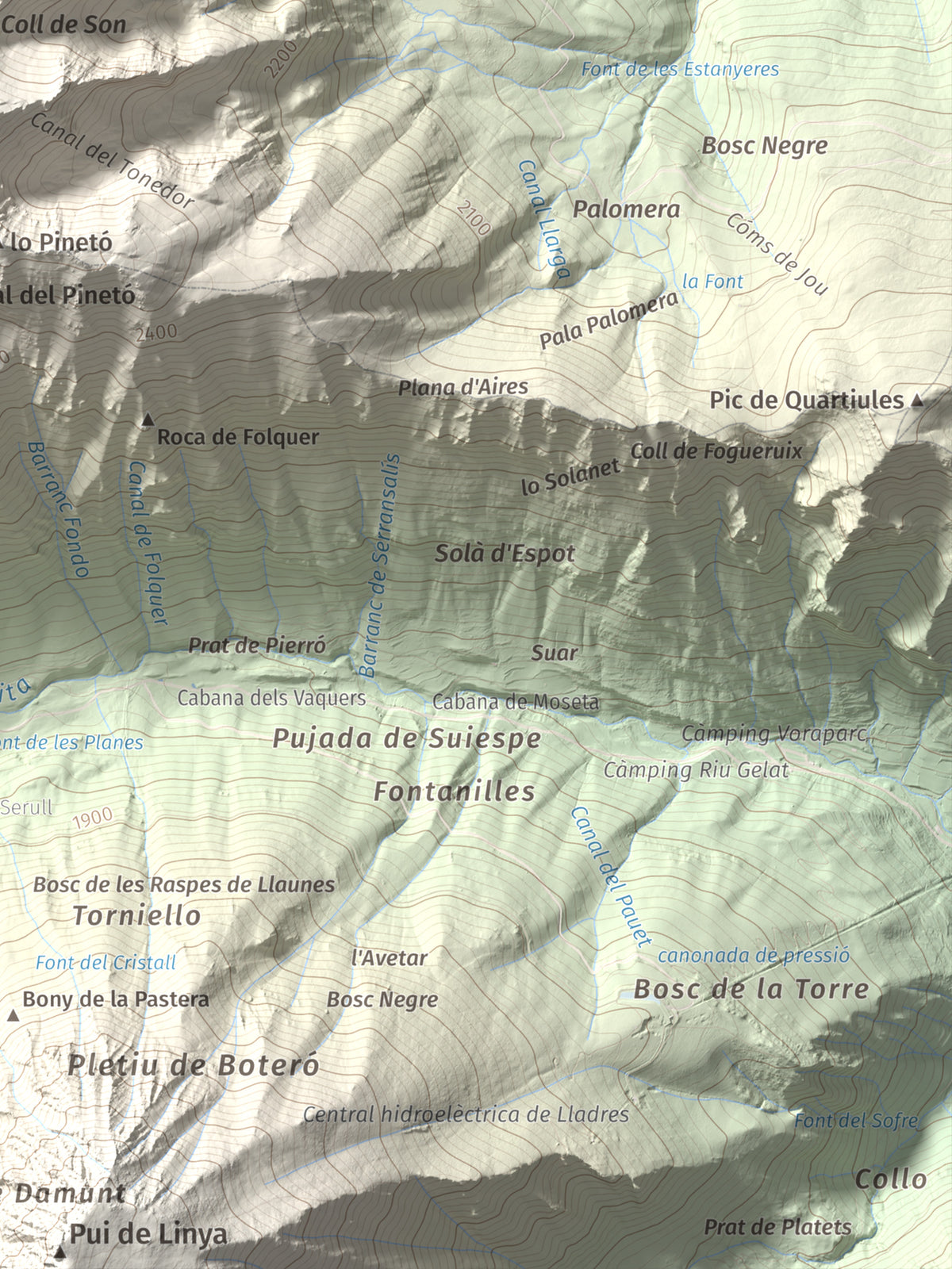 Mapa de relieve de Lo Tésol (Tesó de Son), 2700 m, Pallars Sobirà, lámina 100 Cims de Trobart. Detalle de la zona inferior derecha. 30 × 40 cm.