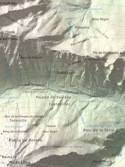 Mapa de relieve de Lo Tésol (Tesó de Son), 2700 m, Pallars Sobirà, lámina 100 Cims de Trobart. Detalle de la zona inferior derecha. 30 × 40 cm.