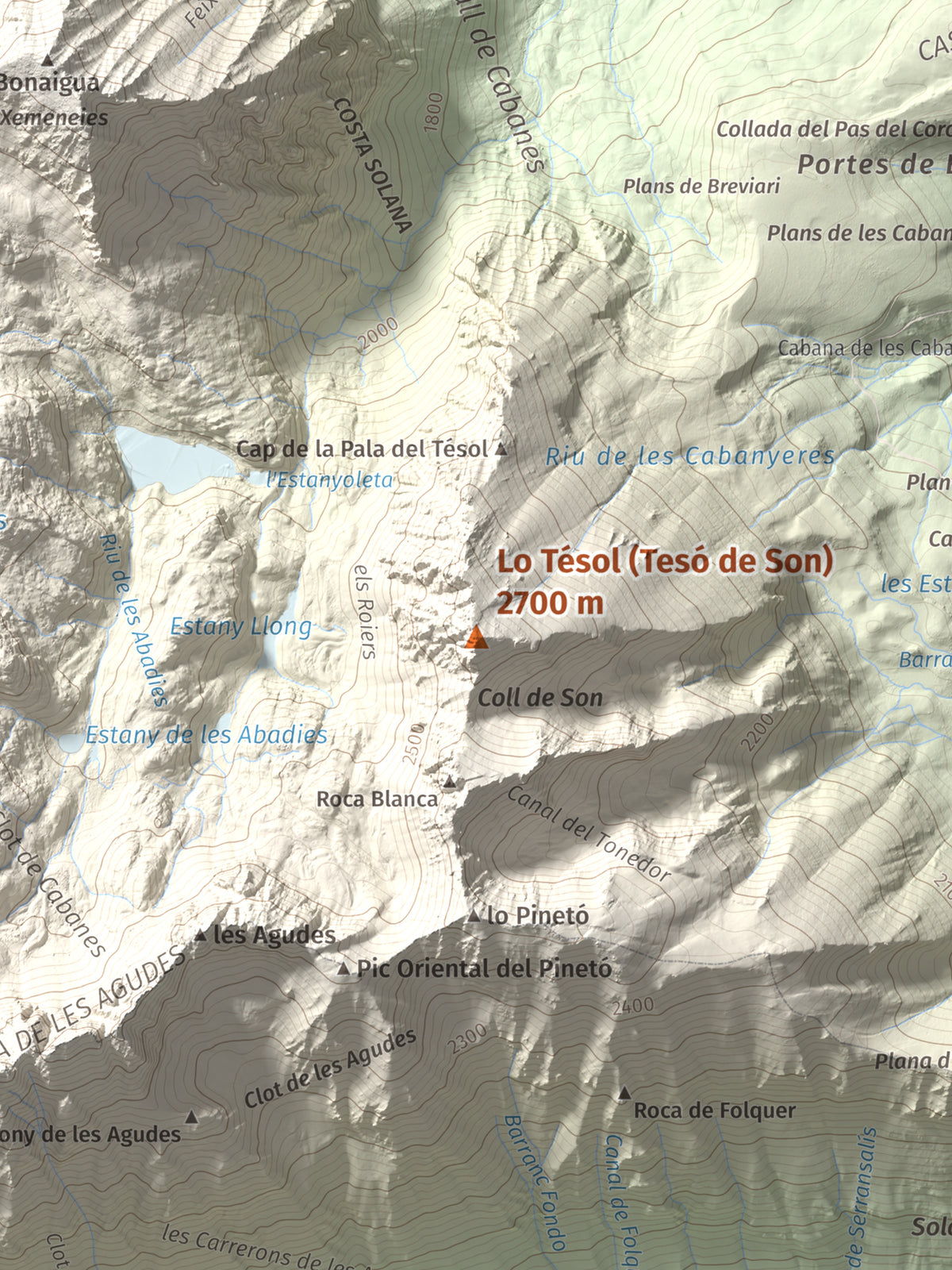 Mapa de relieve de Lo Tésol (Tesó de Son), 2700 m, Pallars Sobirà, lámina 100 Cims de Trobart. Detalle de la zona central. 30 × 40 cm.