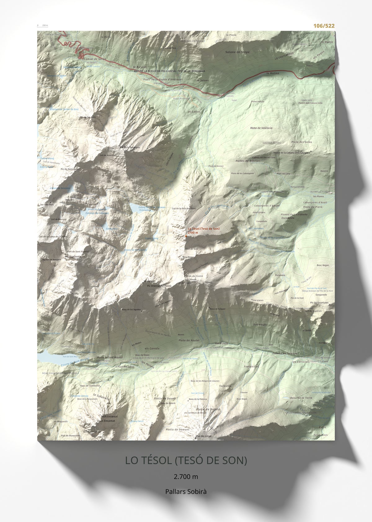 Mapa de relieve de Lo Tésol (Tesó de Son), 2700 m, Pallars Sobirà, lámina 100 Cims de Trobart 50 × 70 cm.