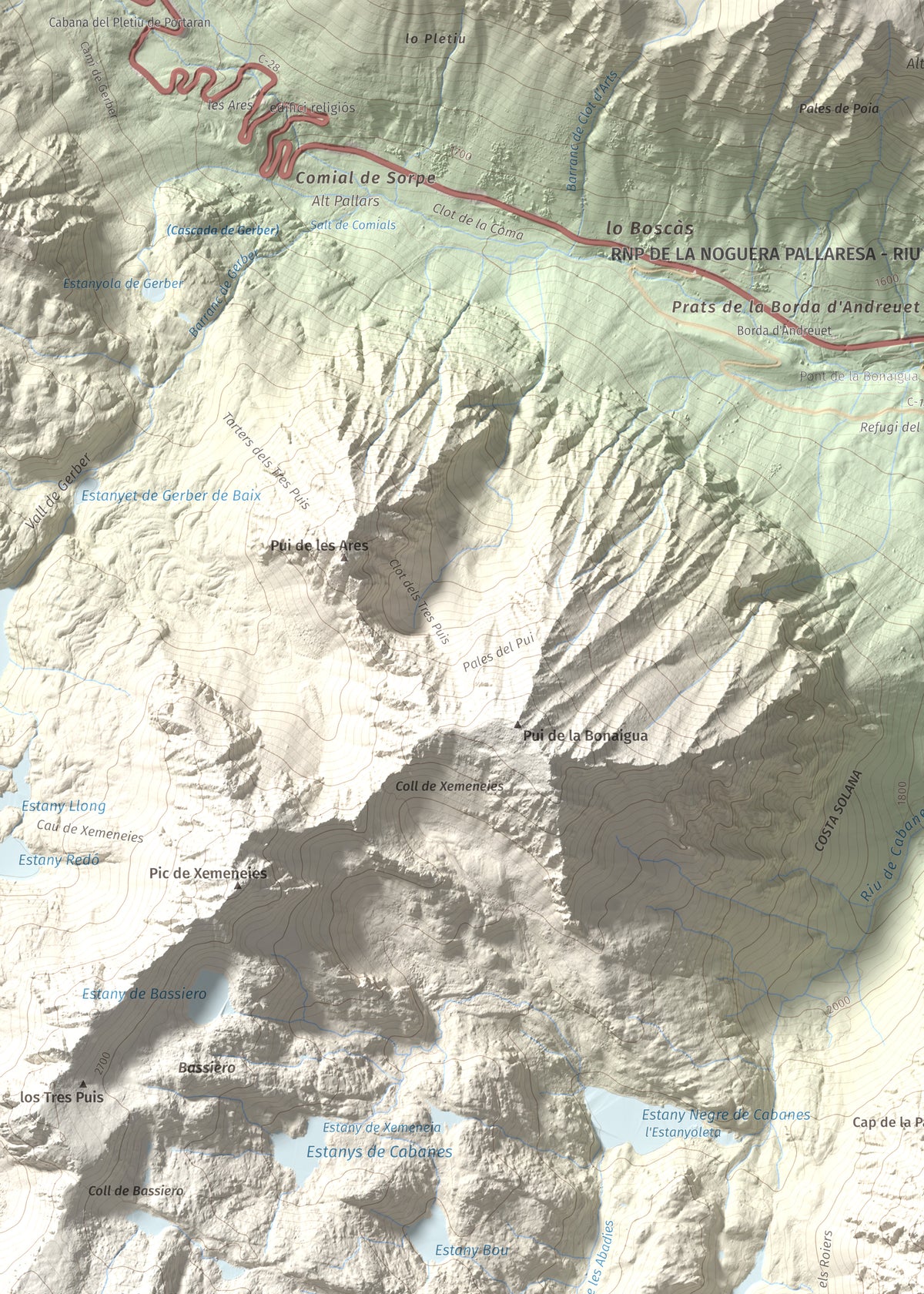 Mapa de relieve de Lo Tésol (Tesó de Son), 2700 m, Pallars Sobirà, lámina 100 Cims de Trobart. Detalle de la zona superior izquierda. 50 × 70 cm.