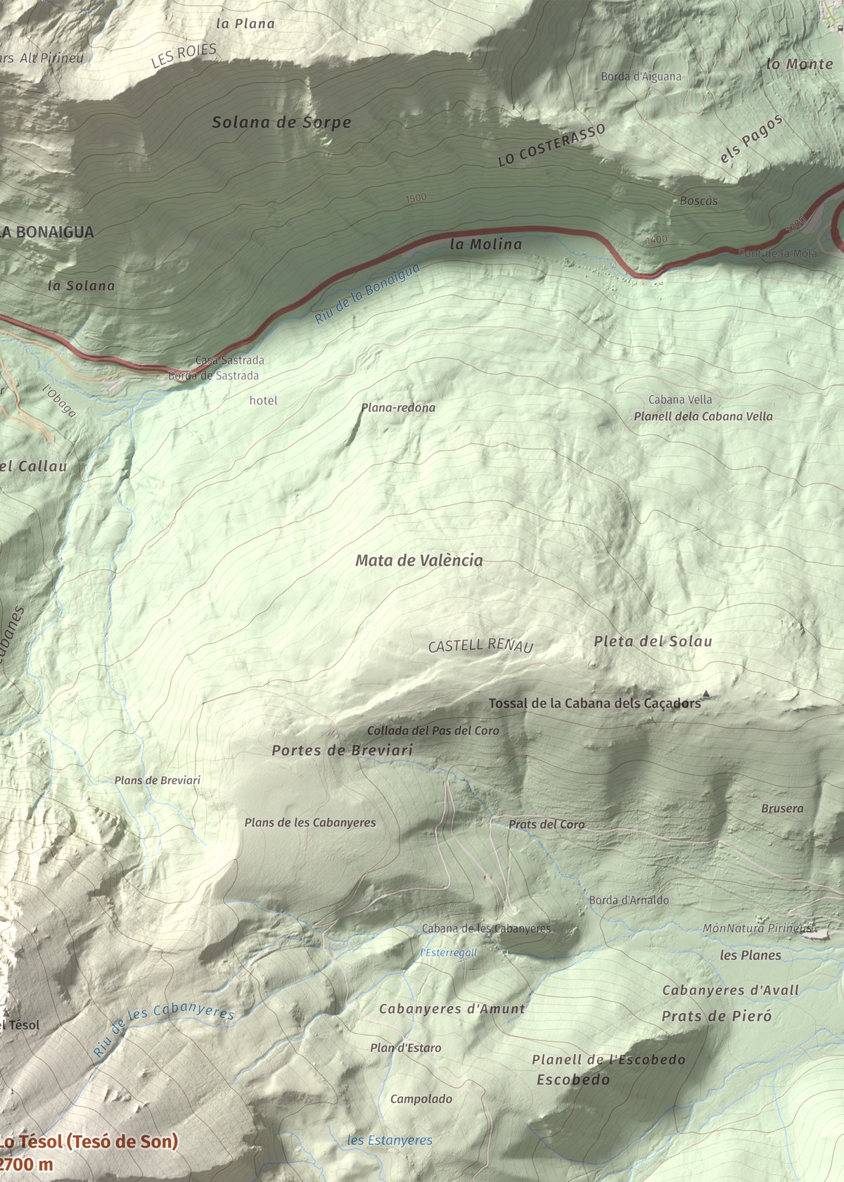 Mapa de relieve de Lo Tésol (Tesó de Son), 2700 m, Pallars Sobirà, lámina 100 Cims de Trobart. Detalle de la zona superior derecha. 50 × 70 cm.