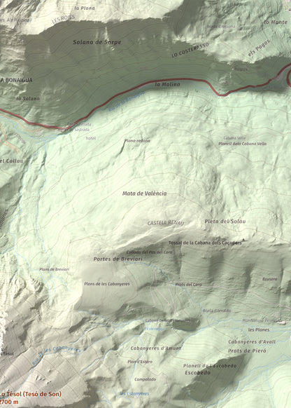 Mapa de relieve de Lo Tésol (Tesó de Son), 2700 m, Pallars Sobirà, lámina 100 Cims de Trobart. Detalle de la zona superior derecha. 50 × 70 cm.