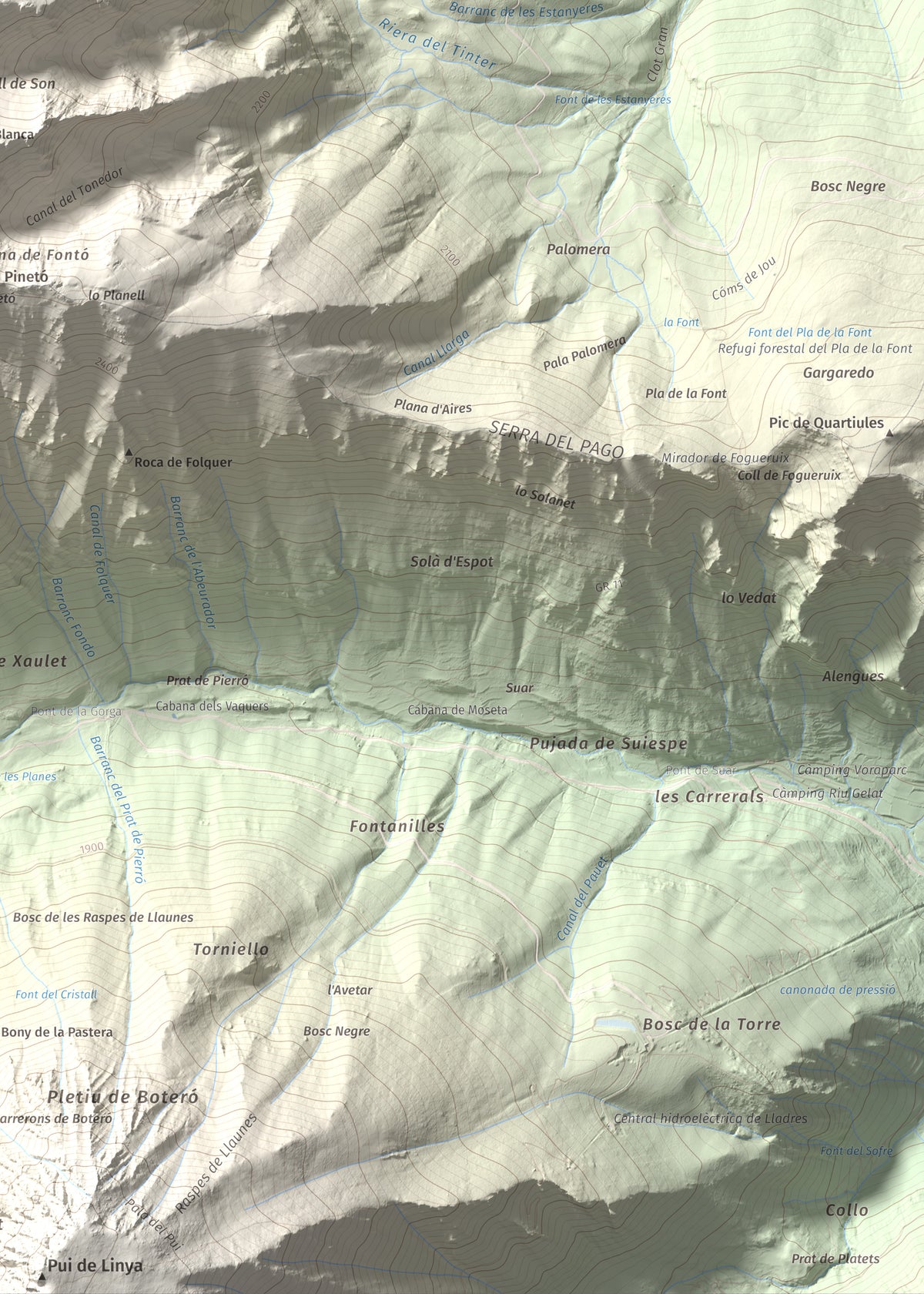 Mapa de relieve de Lo Tésol (Tesó de Son), 2700 m, Pallars Sobirà, lámina 100 Cims de Trobart. Detalle de la zona inferior derecha. 50 × 70 cm.