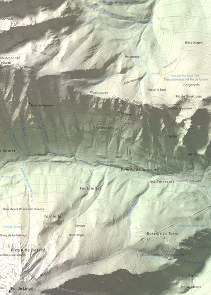 Mapa de relieve de Lo Tésol (Tesó de Son), 2700 m, Pallars Sobirà, lámina 100 Cims de Trobart. Detalle de la zona inferior derecha. 50 × 70 cm.