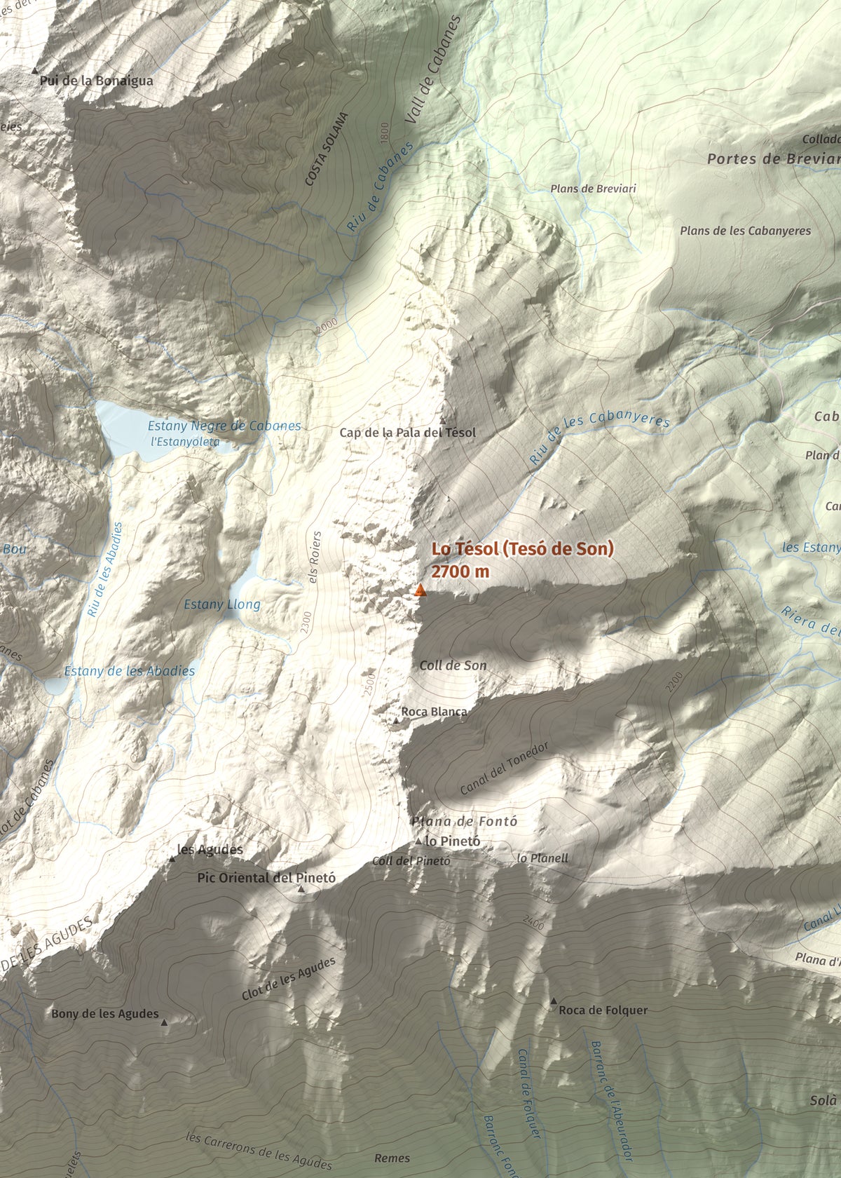 Mapa de relieve de Lo Tésol (Tesó de Son), 2700 m, Pallars Sobirà, lámina 100 Cims de Trobart. Detalle de la zona central. 50 × 70 cm.