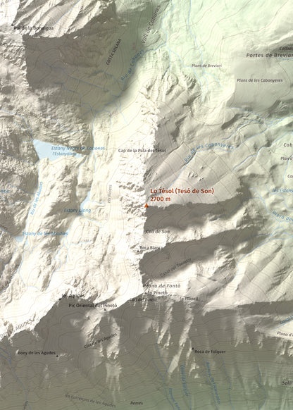 Mapa de relieve de Lo Tésol (Tesó de Son), 2700 m, Pallars Sobirà, lámina 100 Cims de Trobart. Detalle de la zona central. 50 × 70 cm.