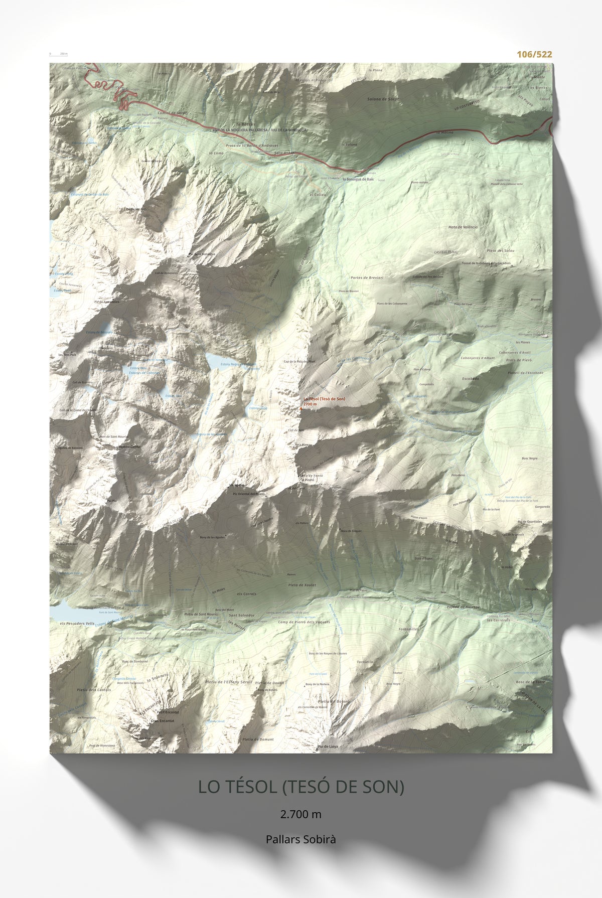 Mapa de relieve de Lo Tésol (Tesó de Son), 2700 m, Pallars Sobirà, lámina 100 Cims de Trobart 61 × 91 cm.
