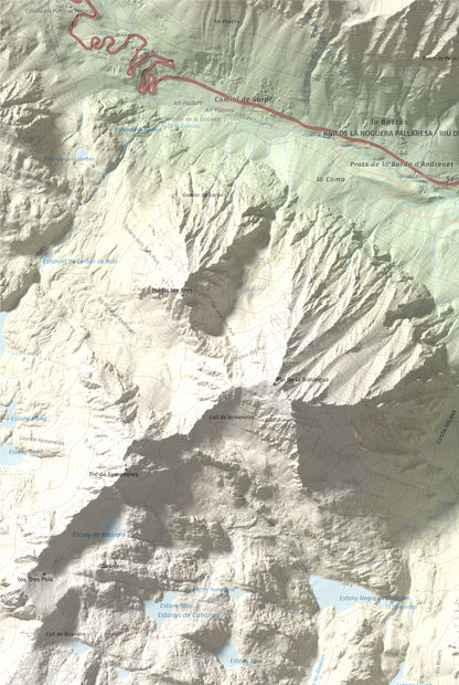Mapa de relieve de Lo Tésol (Tesó de Son), 2700 m, Pallars Sobirà, lámina 100 Cims de Trobart. Detalle de la zona superior izquierda. 61 × 91 cm.