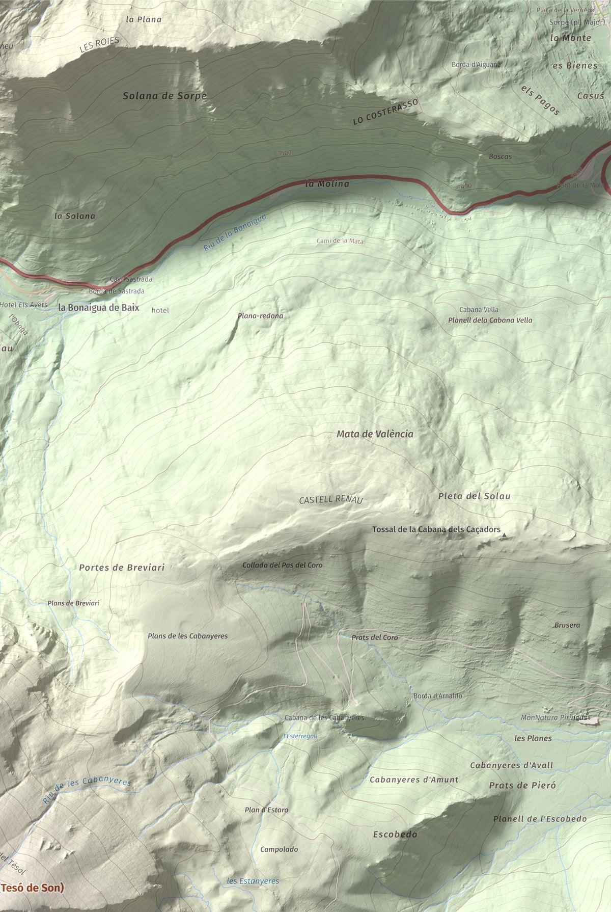 Mapa de relieve de Lo Tésol (Tesó de Son), 2700 m, Pallars Sobirà, lámina 100 Cims de Trobart. Detalle de la zona superior derecha. 61 × 91 cm.
