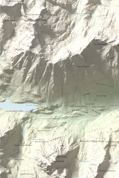 Mapa de relieve de Lo Tésol (Tesó de Son), 2700 m, Pallars Sobirà, lámina 100 Cims de Trobart. Detalle de la zona inferior izquierda. 61 × 91 cm.