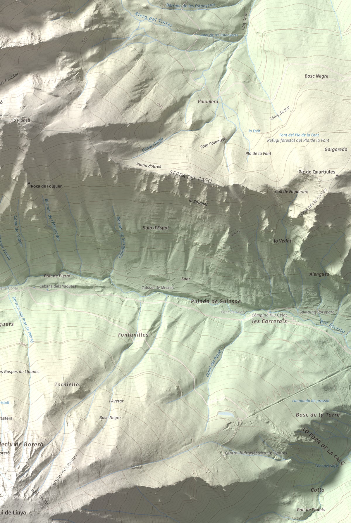 Mapa de relieve de Lo Tésol (Tesó de Son), 2700 m, Pallars Sobirà, lámina 100 Cims de Trobart. Detalle de la zona inferior derecha. 61 × 91 cm.