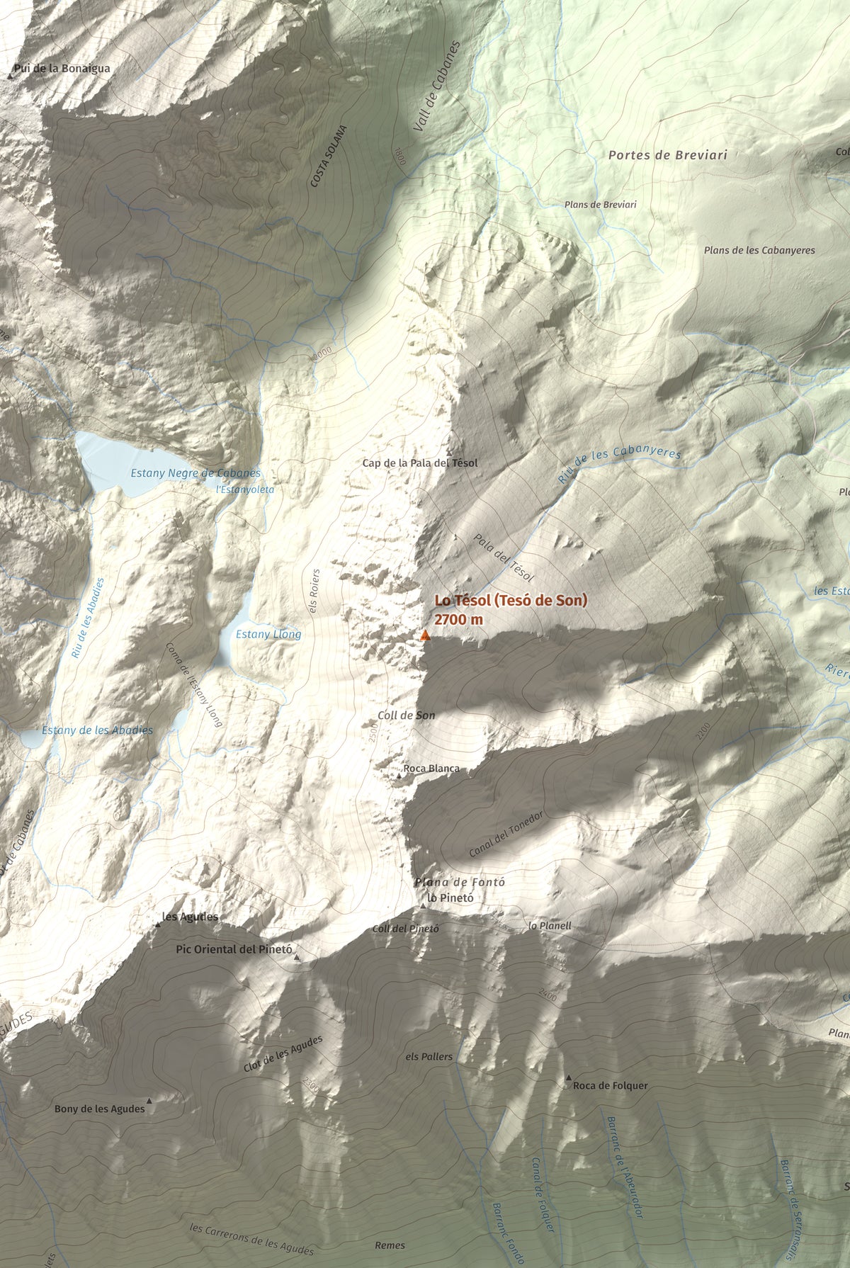 Mapa de relieve de Lo Tésol (Tesó de Son), 2700 m, Pallars Sobirà, lámina 100 Cims de Trobart. Detalle de la zona central. 61 × 91 cm.