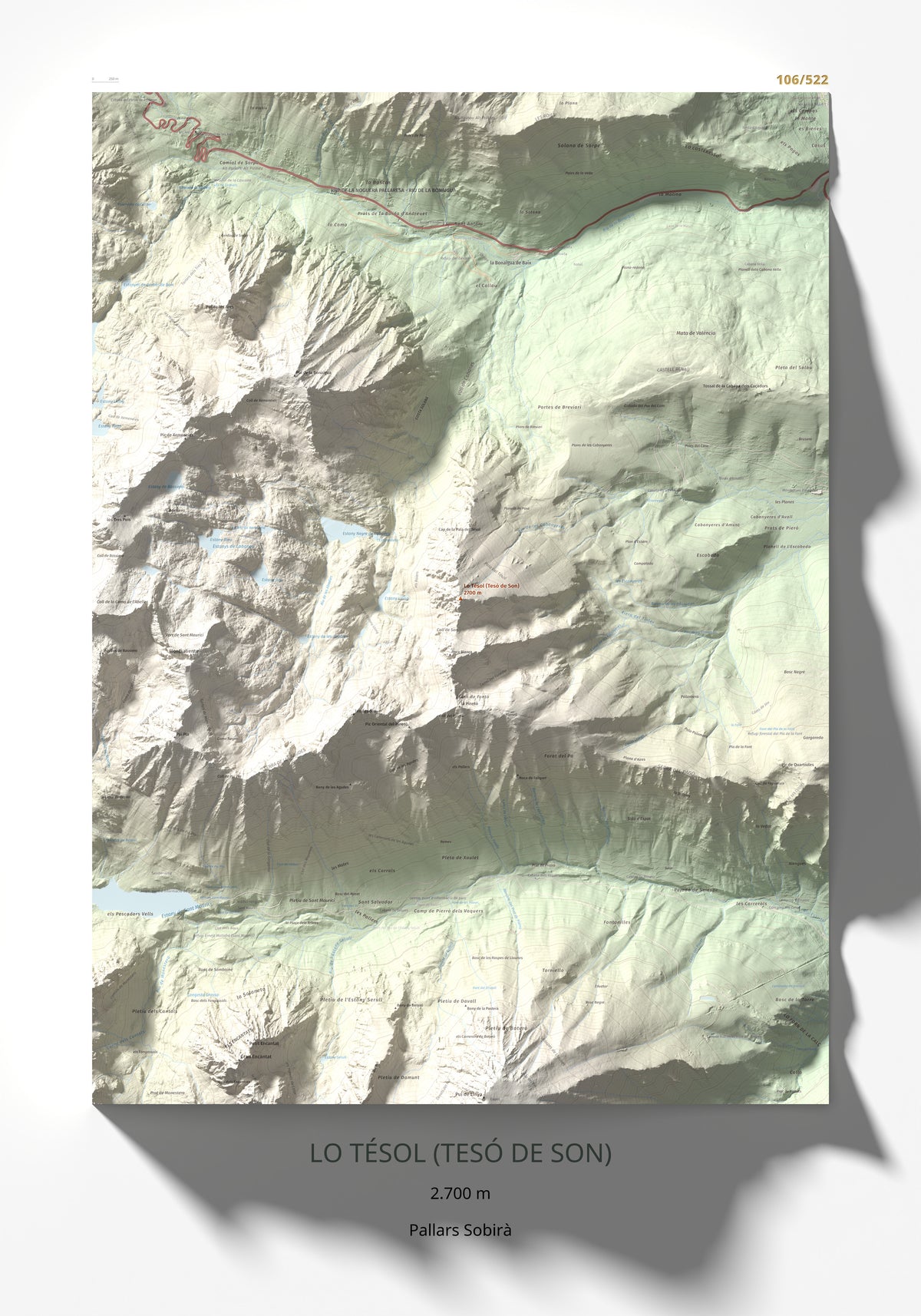 Mapa de relieve de Lo Tésol (Tesó de Son), 2700 m, Pallars Sobirà, lámina 100 Cims de Trobart 70 × 100 cm.