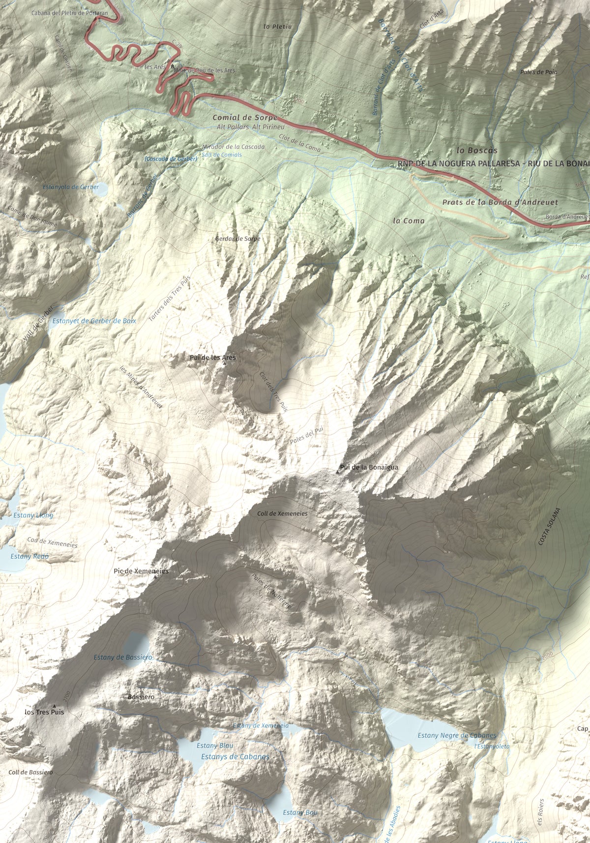 Mapa de relieve de Lo Tésol (Tesó de Son), 2700 m, Pallars Sobirà, lámina 100 Cims de Trobart. Detalle de la zona superior izquierda. 70 × 100 cm.
