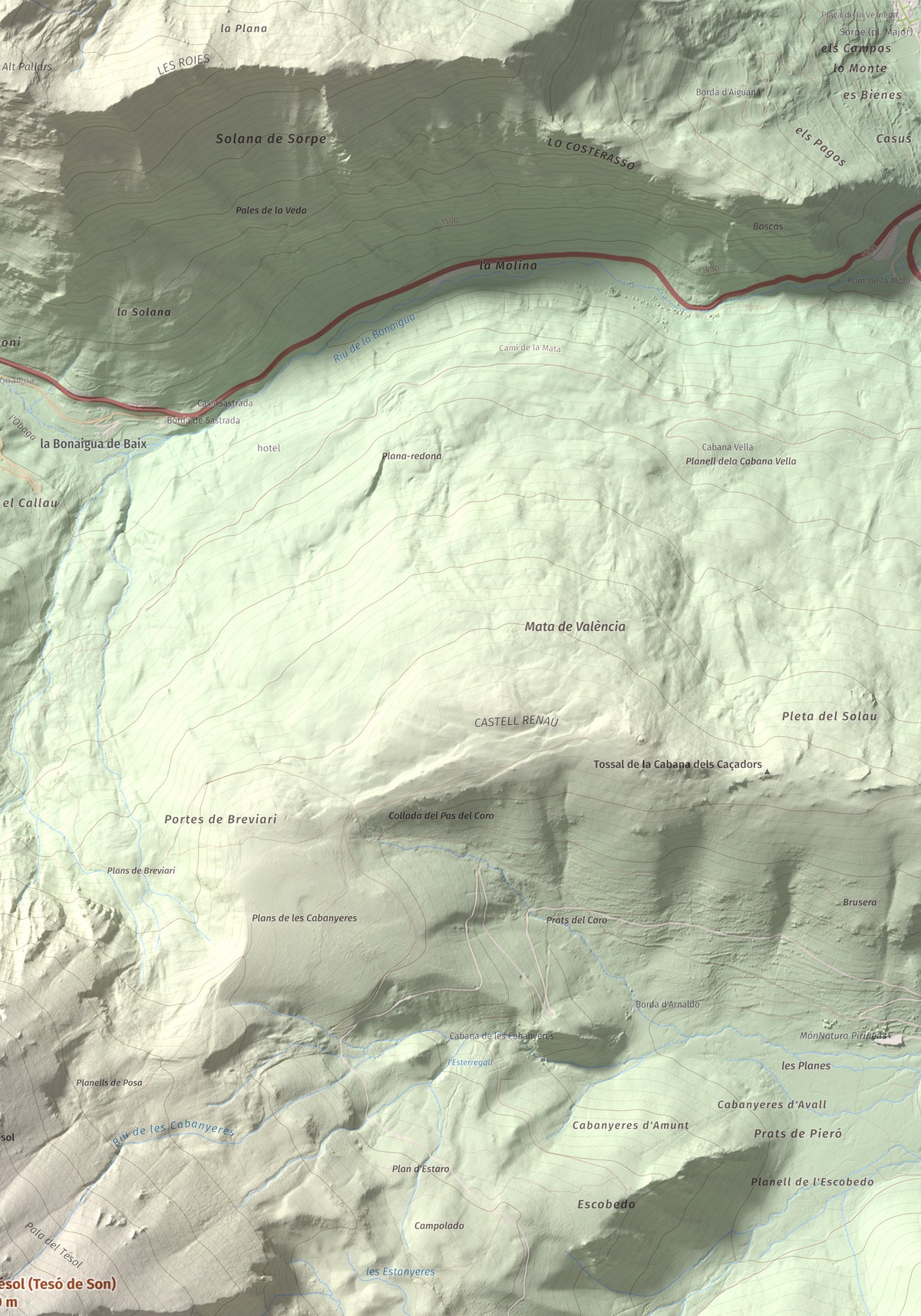 Mapa de relieve de Lo Tésol (Tesó de Son), 2700 m, Pallars Sobirà, lámina 100 Cims de Trobart. Detalle de la zona superior derecha. 70 × 100 cm.