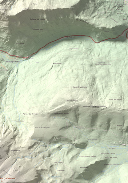 Mapa de relieve de Lo Tésol (Tesó de Son), 2700 m, Pallars Sobirà, lámina 100 Cims de Trobart. Detalle de la zona superior derecha. 70 × 100 cm.