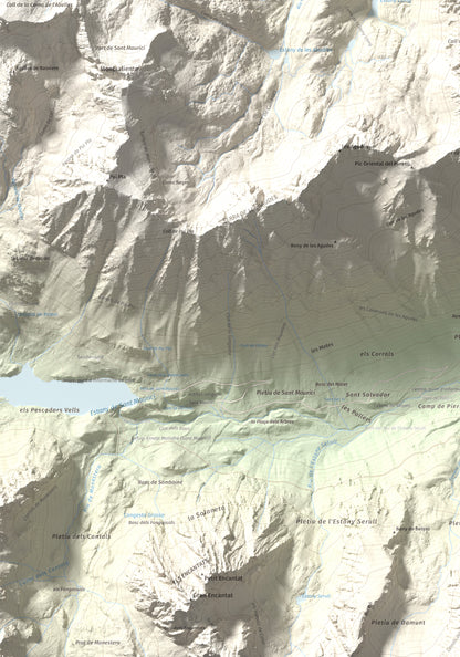 Mapa de relieve de Lo Tésol (Tesó de Son), 2700 m, Pallars Sobirà, lámina 100 Cims de Trobart. Detalle de la zona inferior izquierda. 70 × 100 cm.