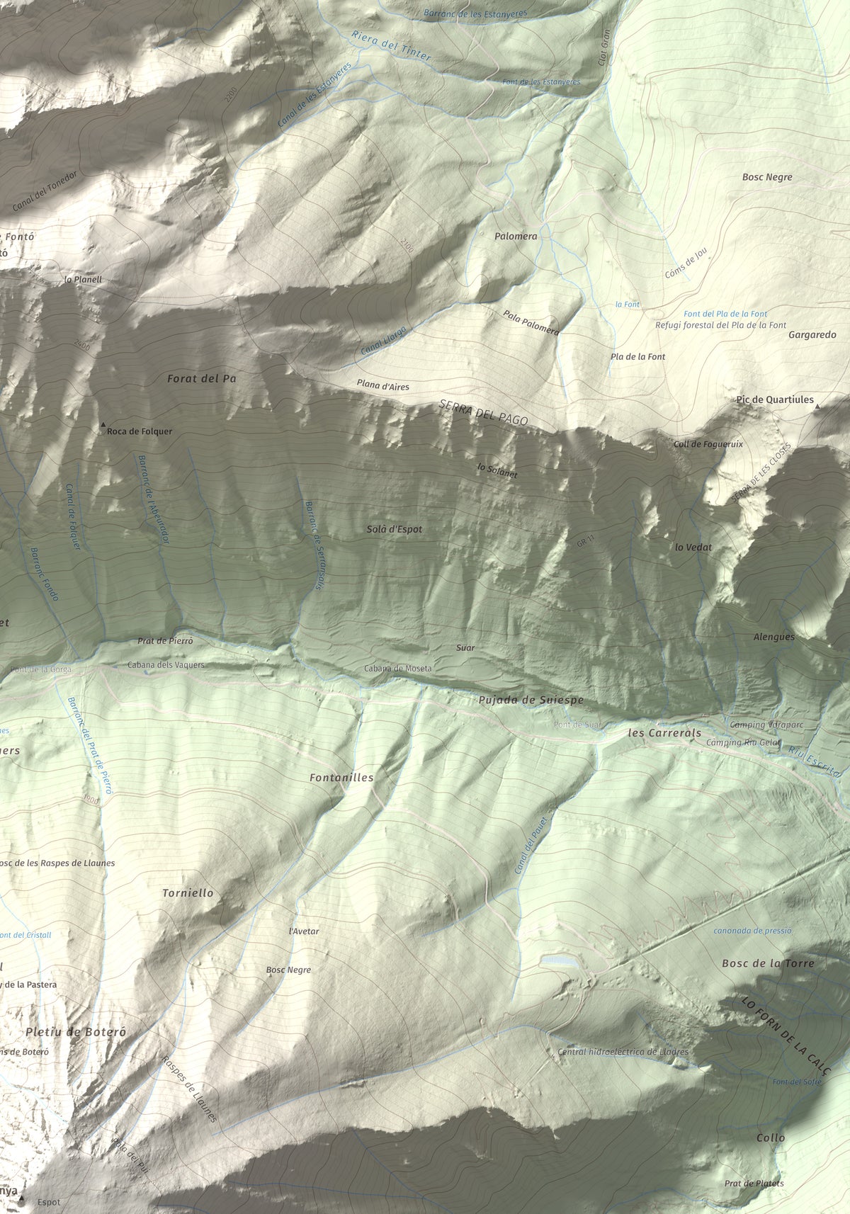 Mapa de relieve de Lo Tésol (Tesó de Son), 2700 m, Pallars Sobirà, lámina 100 Cims de Trobart. Detalle de la zona inferior derecha. 70 × 100 cm.