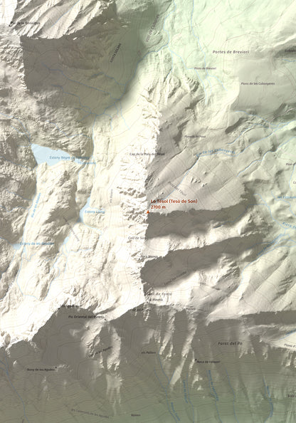 Mapa de relieve de Lo Tésol (Tesó de Son), 2700 m, Pallars Sobirà, lámina 100 Cims de Trobart. Detalle de la zona central. 70 × 100 cm.