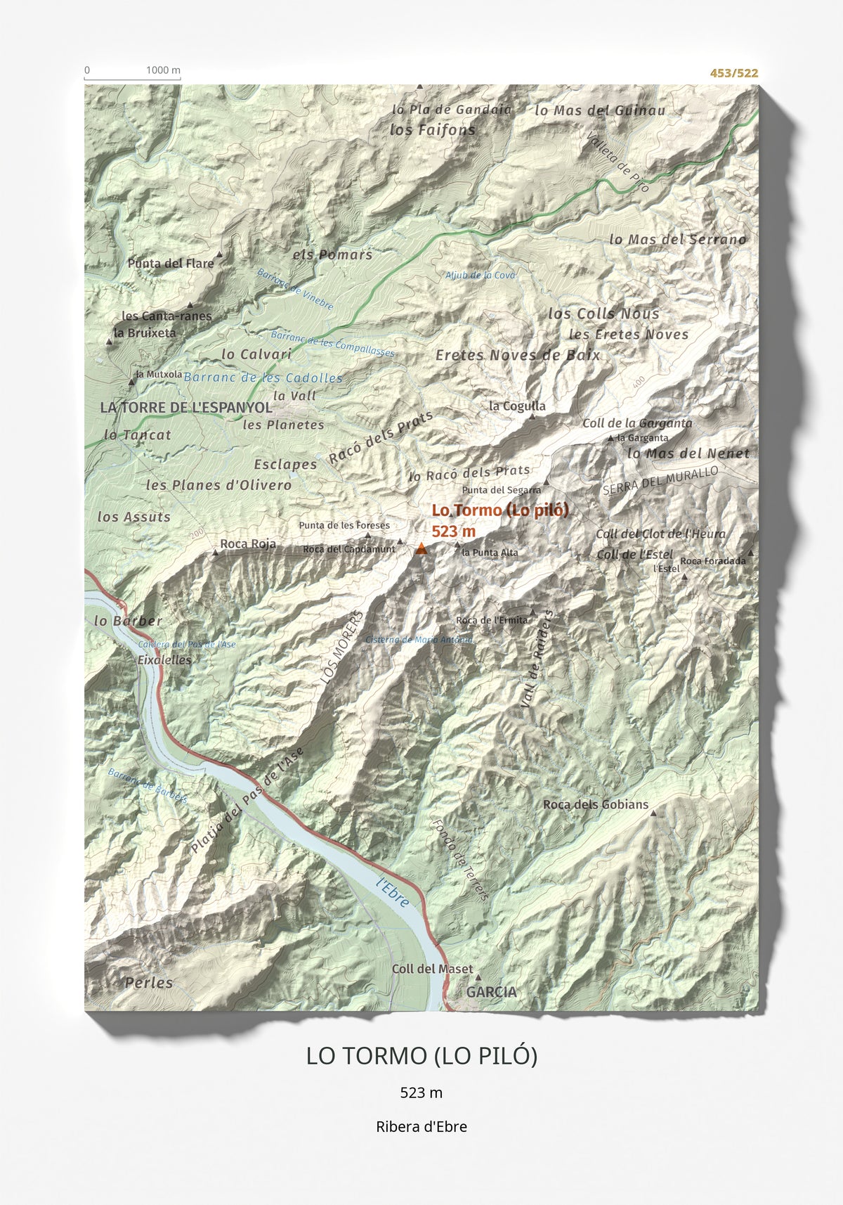 Mapa de relieve de Lo Tormo (Lo piló), 523 m, Ribera d'Ebre, lámina 100 Cims de Trobart 21 × 30 cm.