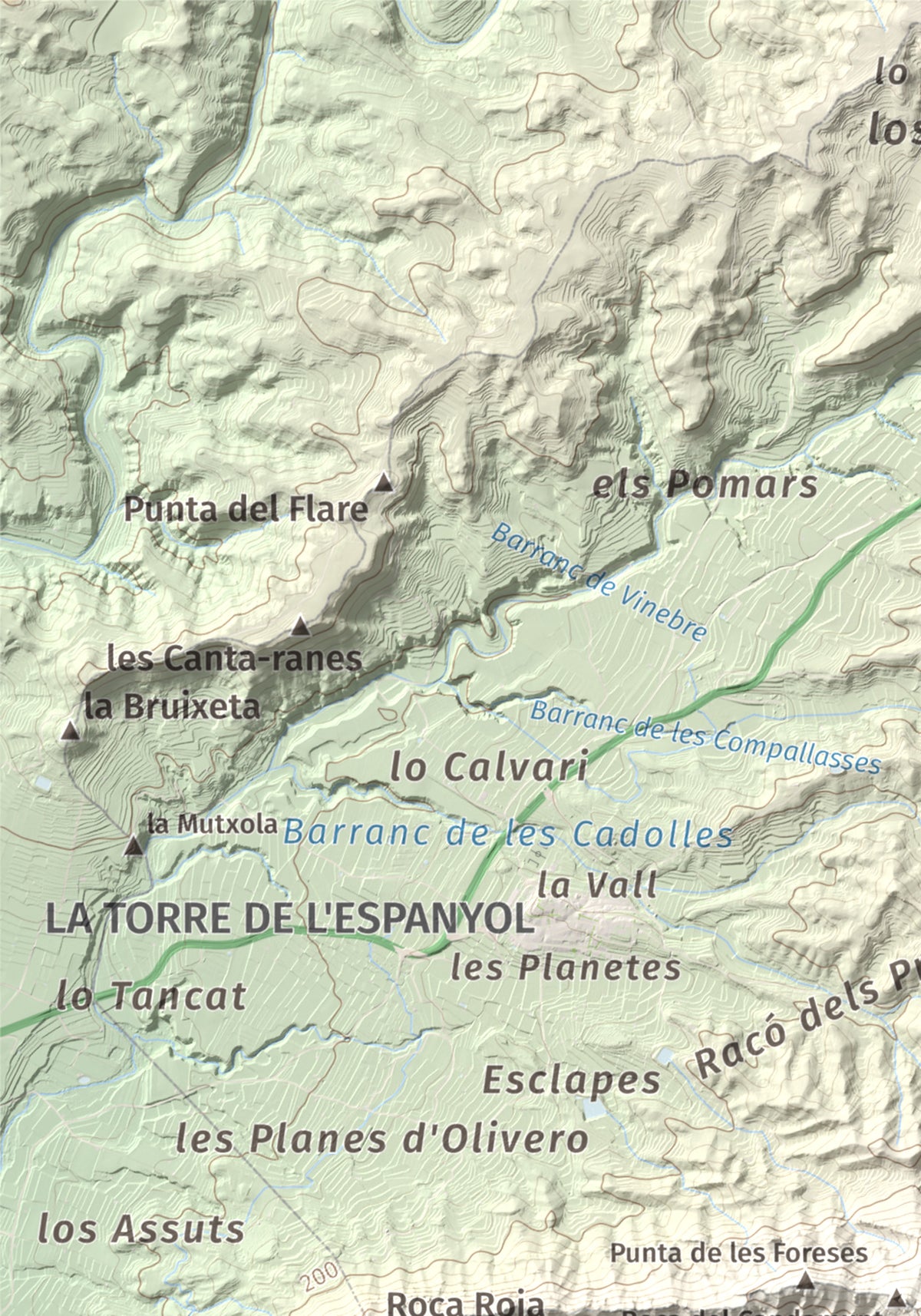 Mapa de relieve de Lo Tormo (Lo piló), 523 m, Ribera d'Ebre, lámina 100 Cims de Trobart. Detalle de la zona superior izquierda. 21 × 30 cm.
