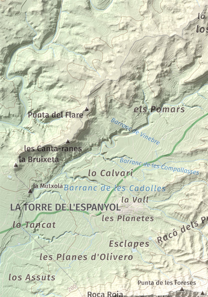Mapa de relieve de Lo Tormo (Lo piló), 523 m, Ribera d'Ebre, lámina 100 Cims de Trobart. Detalle de la zona superior izquierda. 21 × 30 cm.