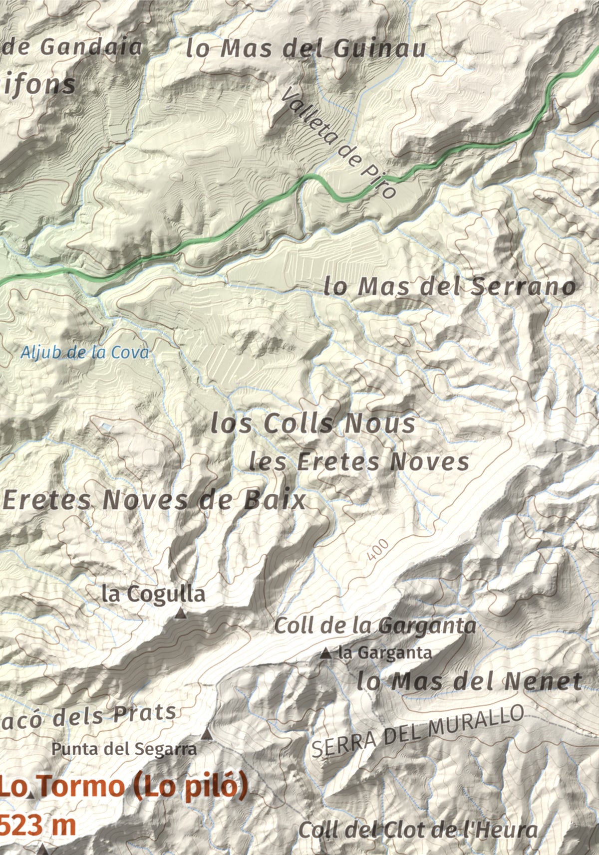 Mapa de relieve de Lo Tormo (Lo piló), 523 m, Ribera d'Ebre, lámina 100 Cims de Trobart. Detalle de la zona superior derecha. 21 × 30 cm.