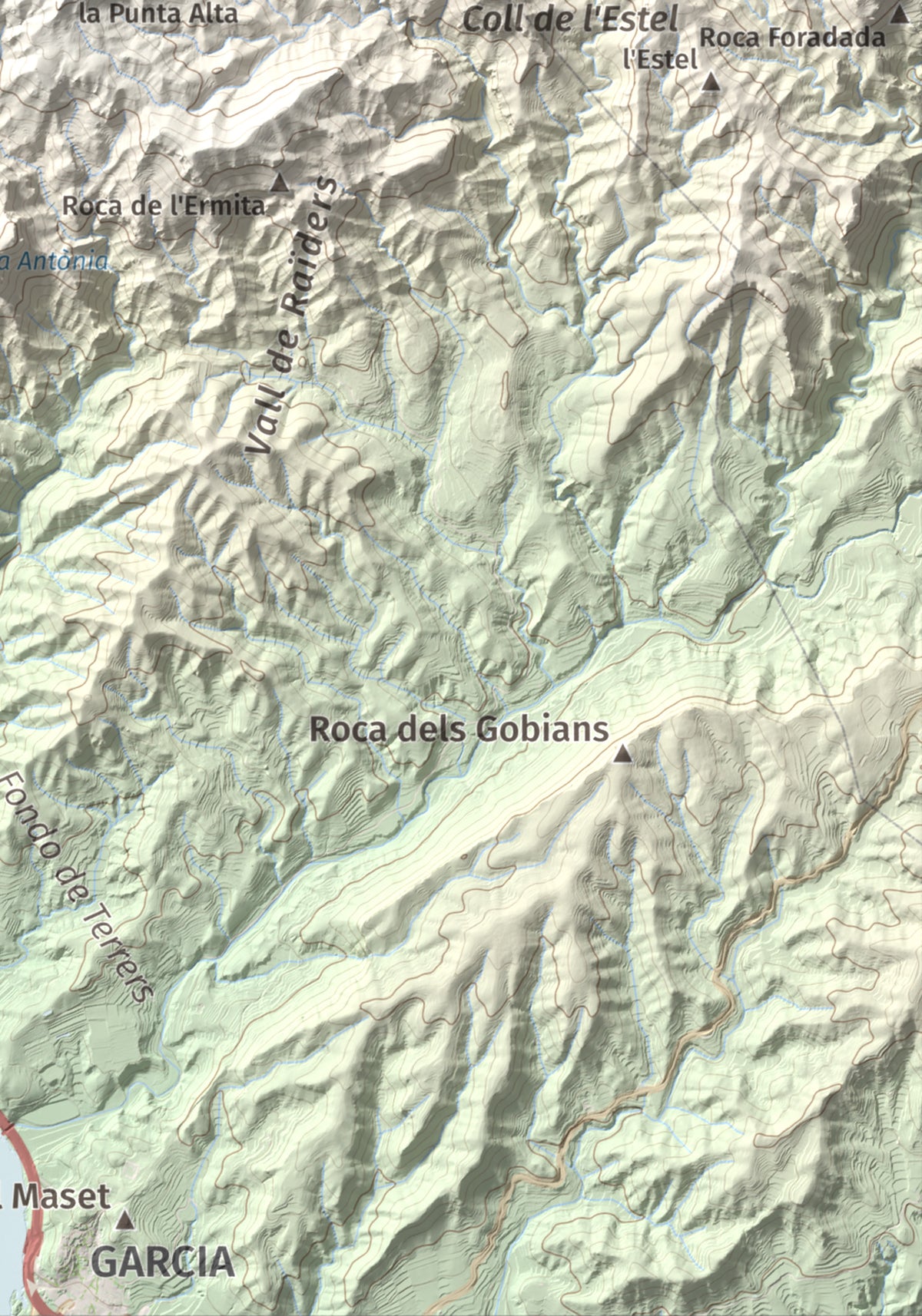 Mapa de relieve de Lo Tormo (Lo piló), 523 m, Ribera d'Ebre, lámina 100 Cims de Trobart. Detalle de la zona inferior derecha. 21 × 30 cm.