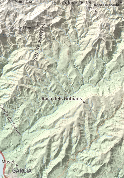Mapa de relieve de Lo Tormo (Lo piló), 523 m, Ribera d'Ebre, lámina 100 Cims de Trobart. Detalle de la zona inferior derecha. 21 × 30 cm.