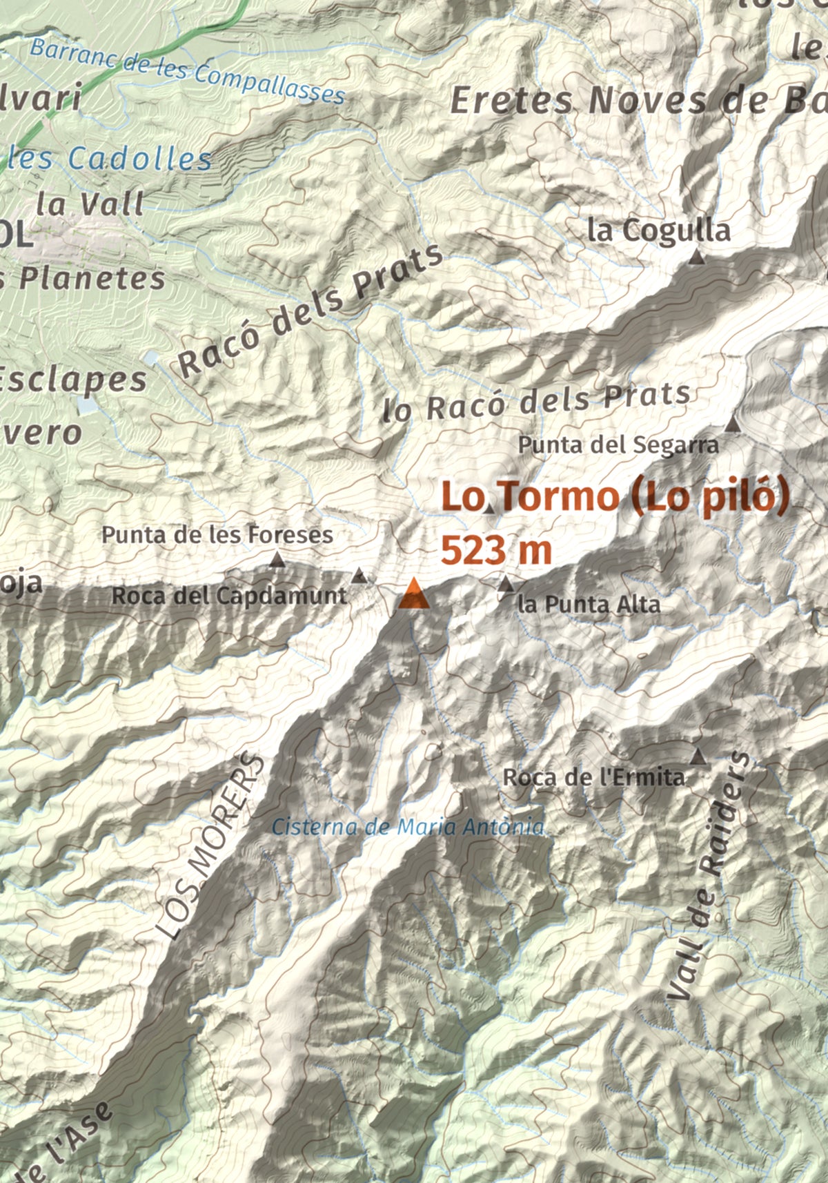 Mapa de relieve de Lo Tormo (Lo piló), 523 m, Ribera d'Ebre, lámina 100 Cims de Trobart. Detalle de la zona central. 21 × 30 cm.
