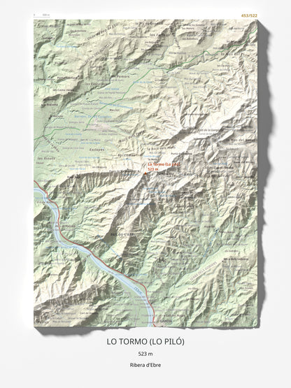 Mapa de relieve de Lo Tormo (Lo piló), 523 m, Ribera d'Ebre, lámina 100 Cims de Trobart 30 × 40 cm.
