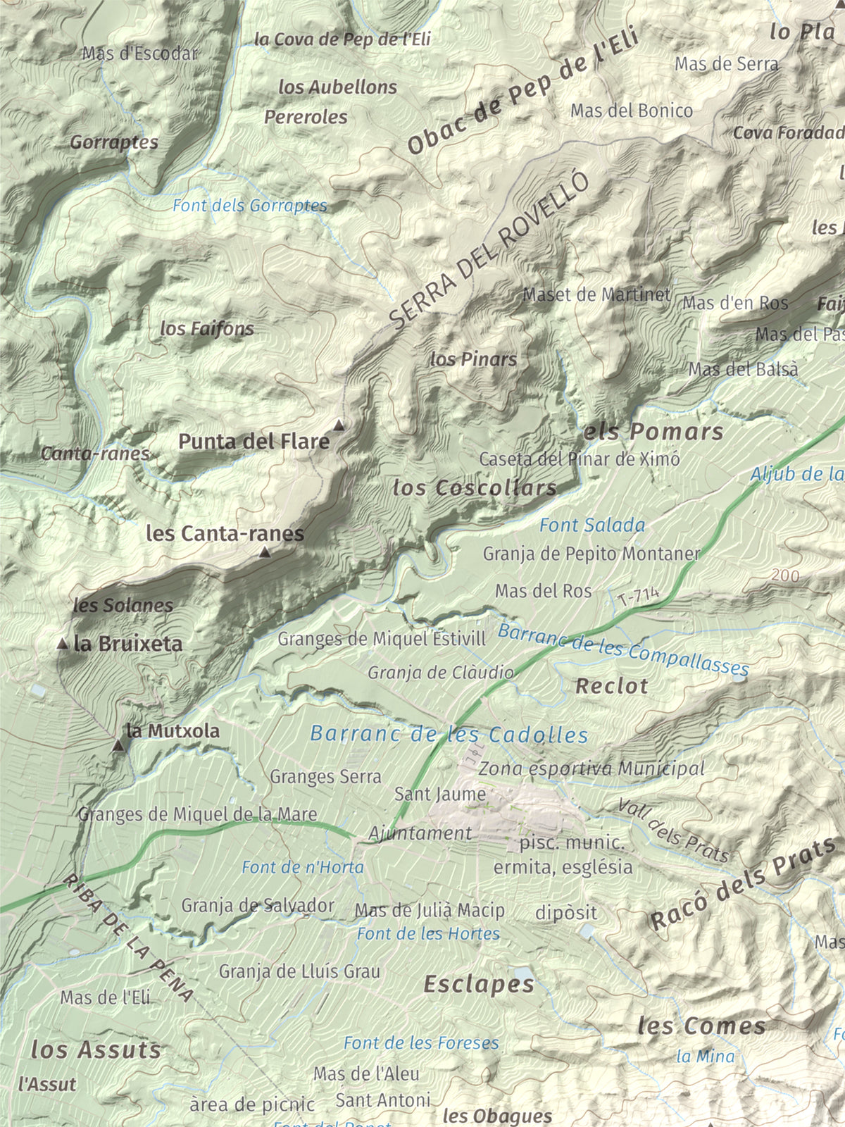 Mapa de relieve de Lo Tormo (Lo piló), 523 m, Ribera d'Ebre, lámina 100 Cims de Trobart. Detalle de la zona superior izquierda. 30 × 40 cm.