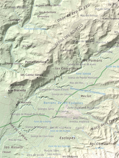 Mapa de relieve de Lo Tormo (Lo piló), 523 m, Ribera d'Ebre, lámina 100 Cims de Trobart. Detalle de la zona superior izquierda. 30 × 40 cm.