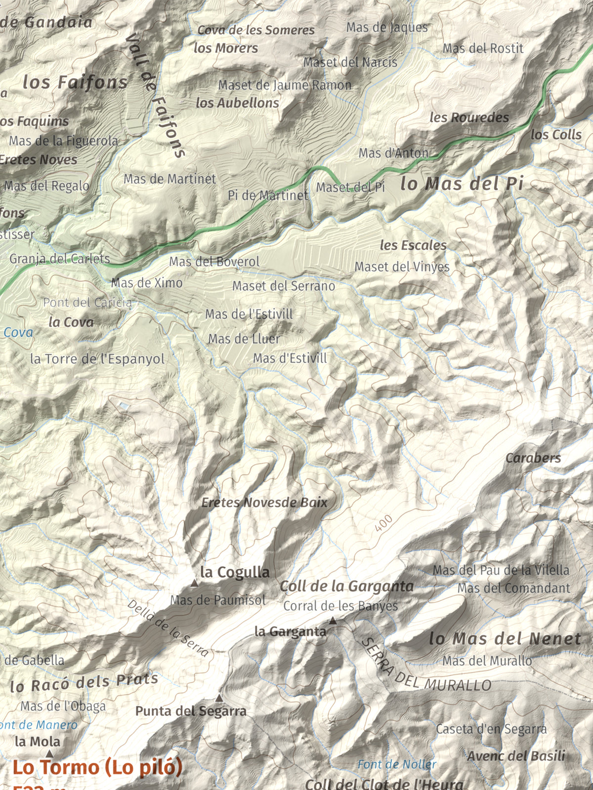 Mapa de relieve de Lo Tormo (Lo piló), 523 m, Ribera d'Ebre, lámina 100 Cims de Trobart. Detalle de la zona superior derecha. 30 × 40 cm.